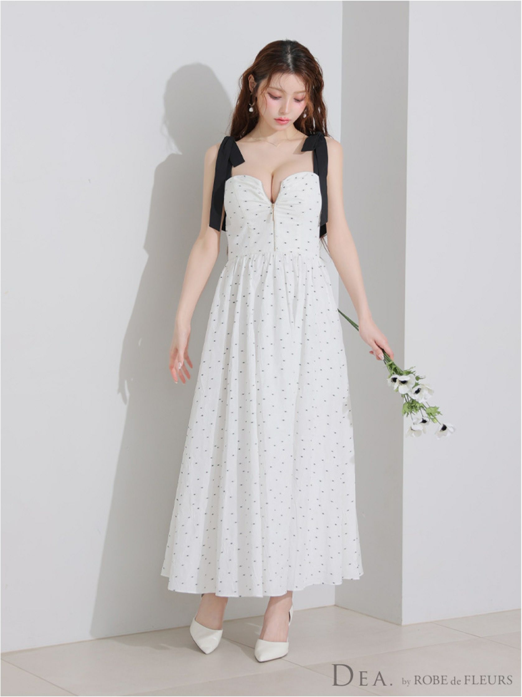  DEA. ディア バイ ローブドフルール ショルダーリボンドットフレアロングキャバドレス de4200-c