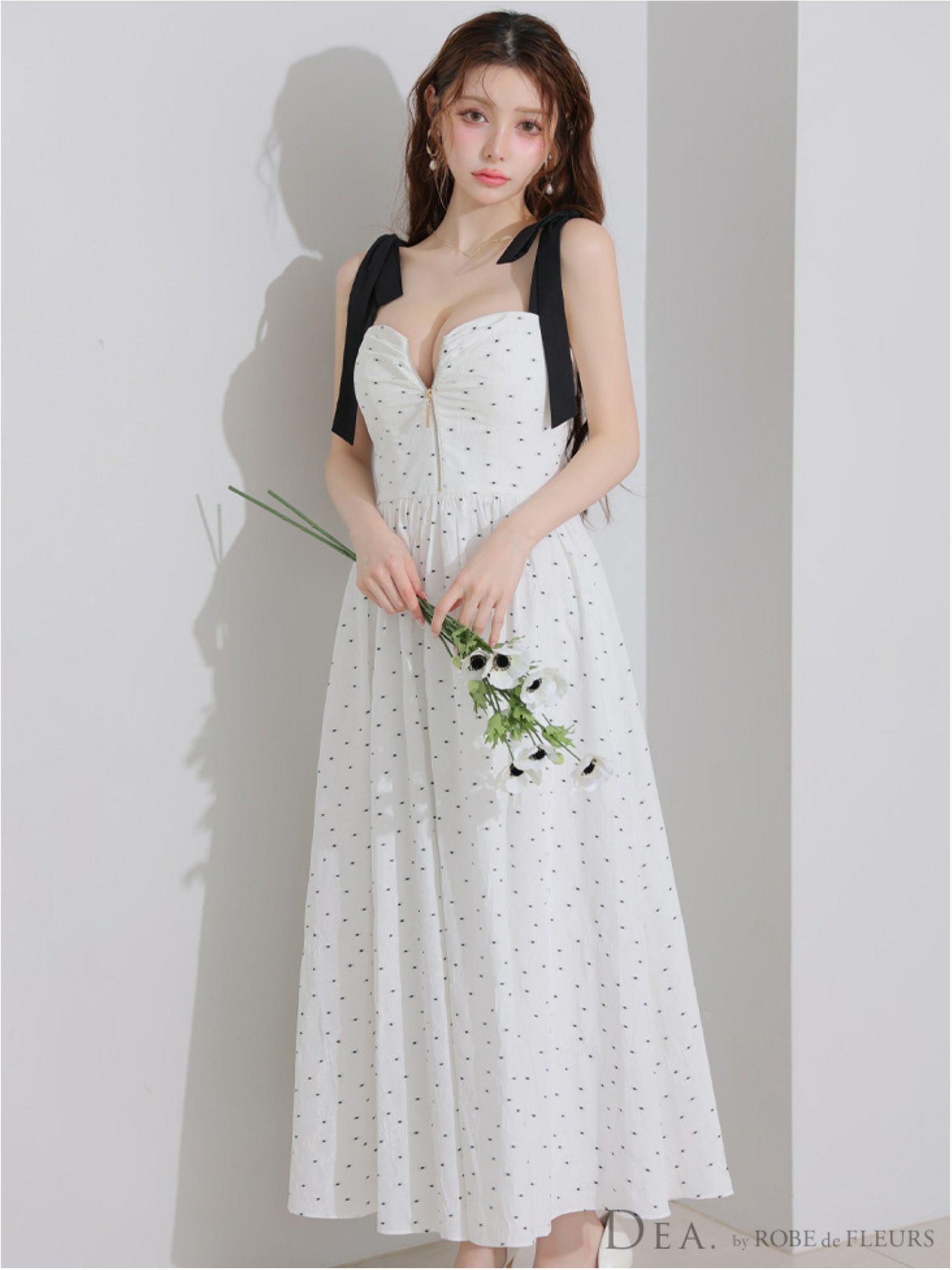  DEA. ディア バイ ローブドフルール ショルダーリボンドットフレアロングキャバドレス de4200-c