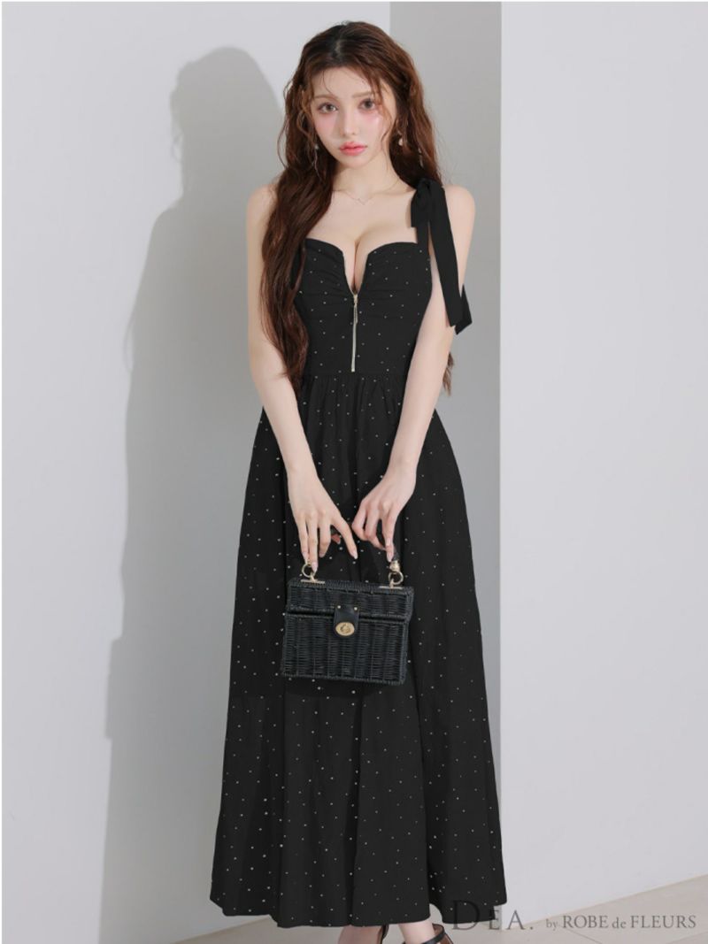 ♡*様 DEA. by ローブドフルール ショルダーリボンドットフレアロングキャ XS～Lサイズあり】ショルダーリボンドットフレアロングキャバドレス