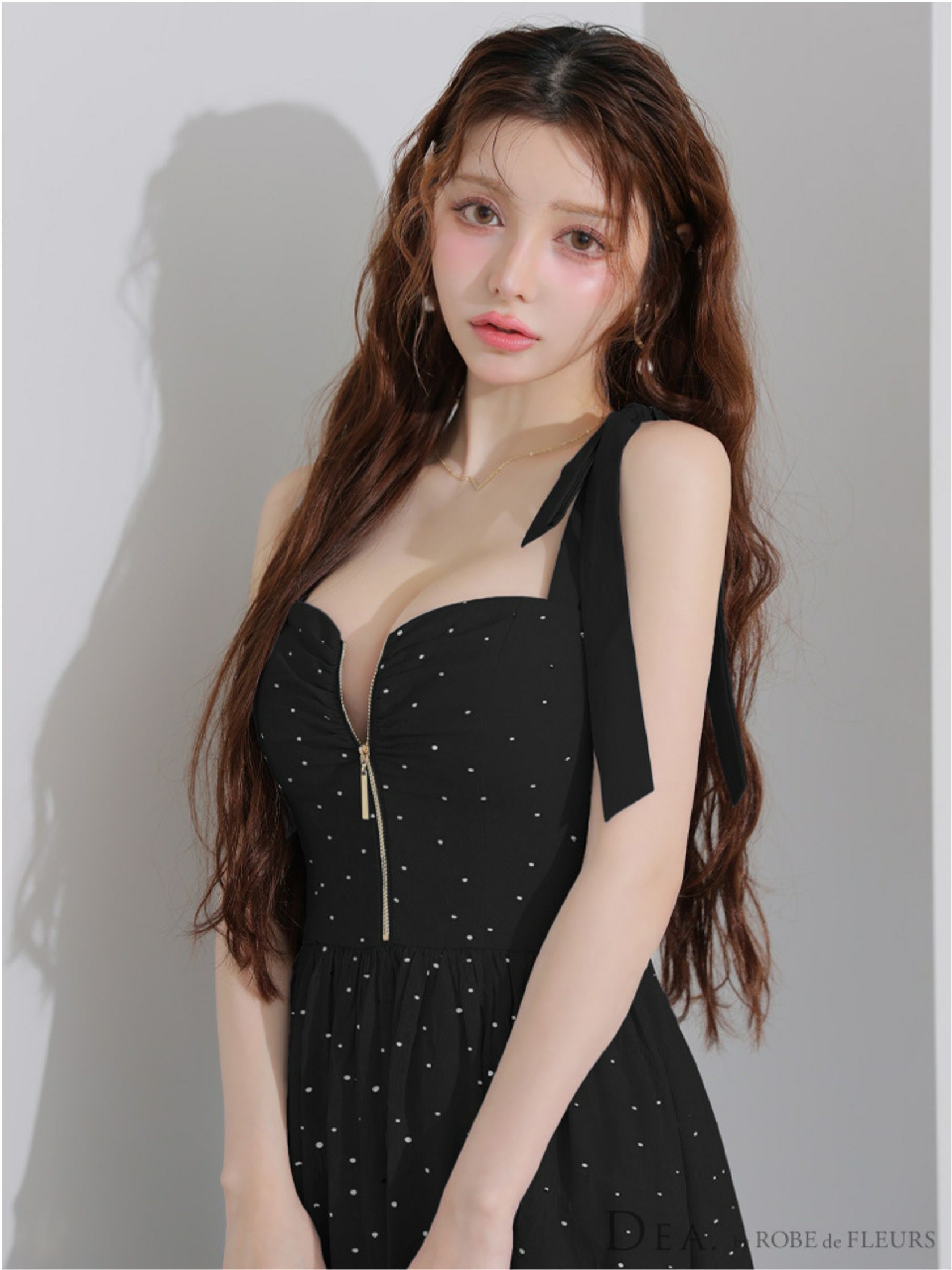  DEA. ディア バイ ローブドフルール ショルダーリボンドットフレアロングキャバドレス de4200-c