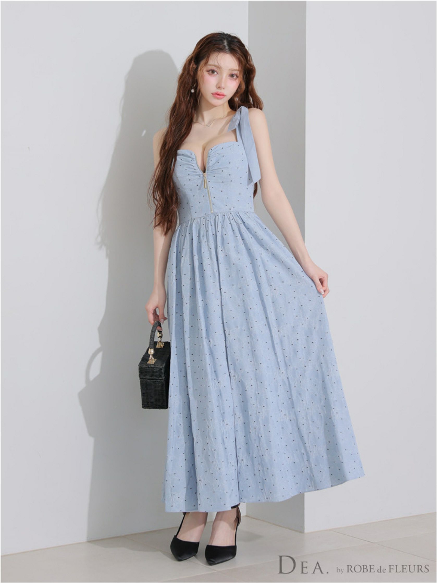  DEA. ディア バイ ローブドフルール ショルダーリボンドットフレアロングキャバドレス de4200-c
