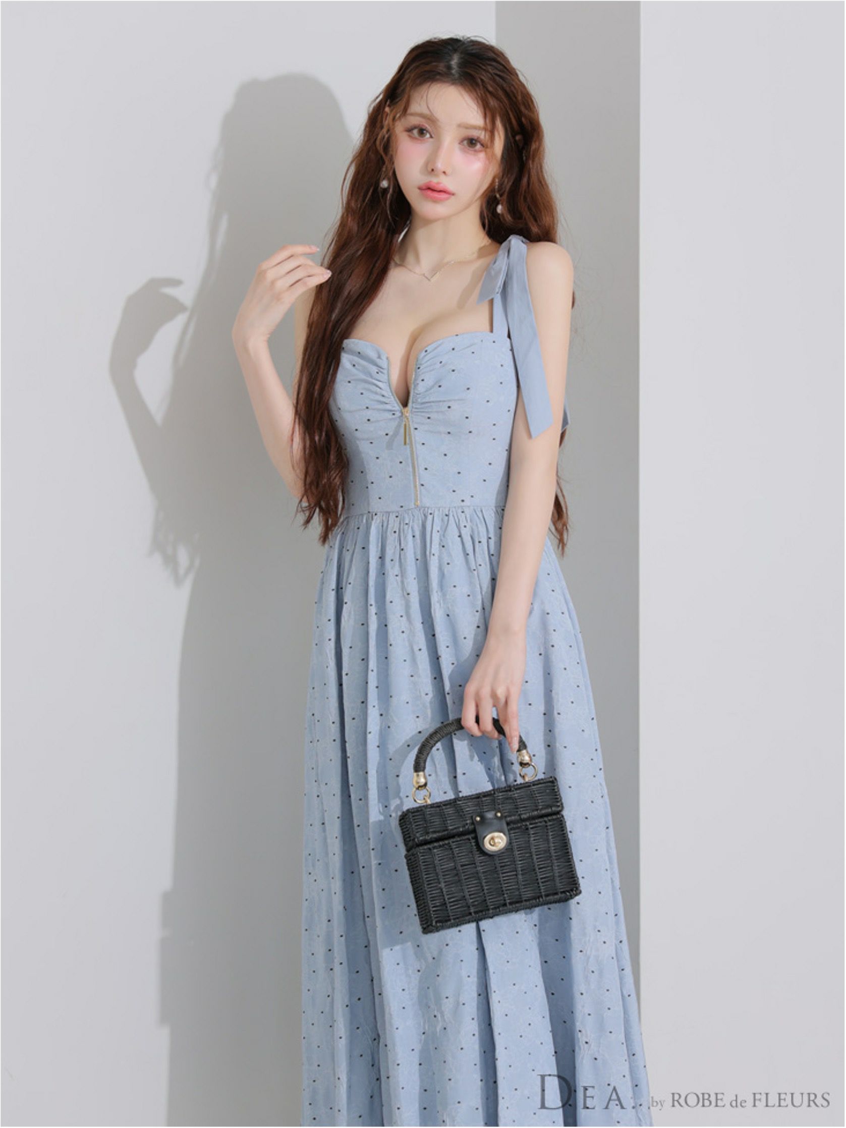  DEA. ディア バイ ローブドフルール ショルダーリボンドットフレアロングキャバドレス de4200-c