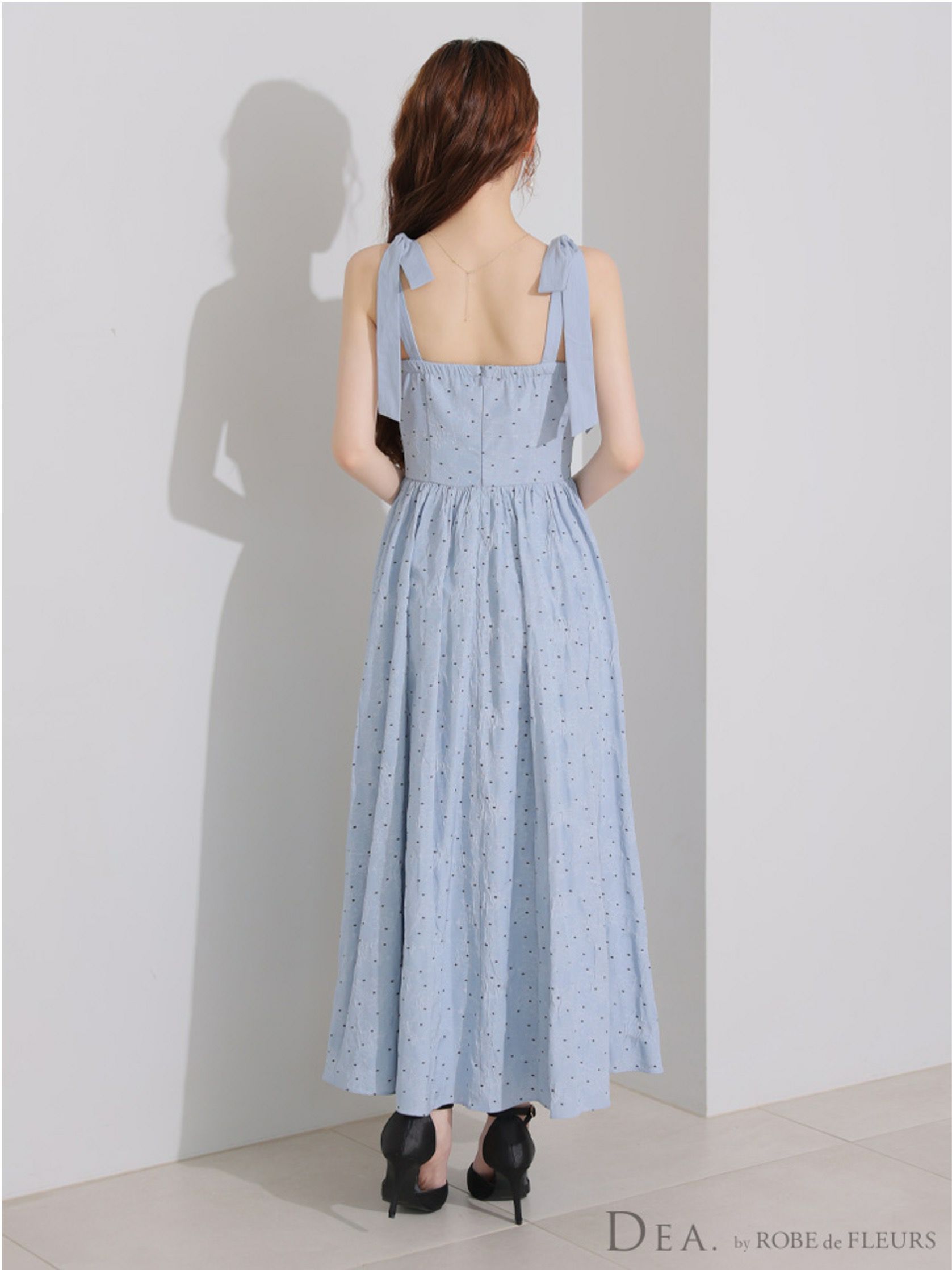  DEA. ディア バイ ローブドフルール ショルダーリボンドットフレアロングキャバドレス de4200-c