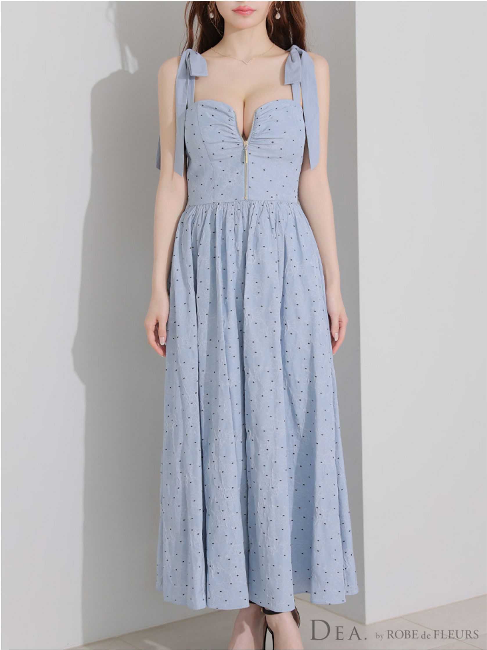  DEA. ディア バイ ローブドフルール ショルダーリボンドットフレアロングキャバドレス de4200-c