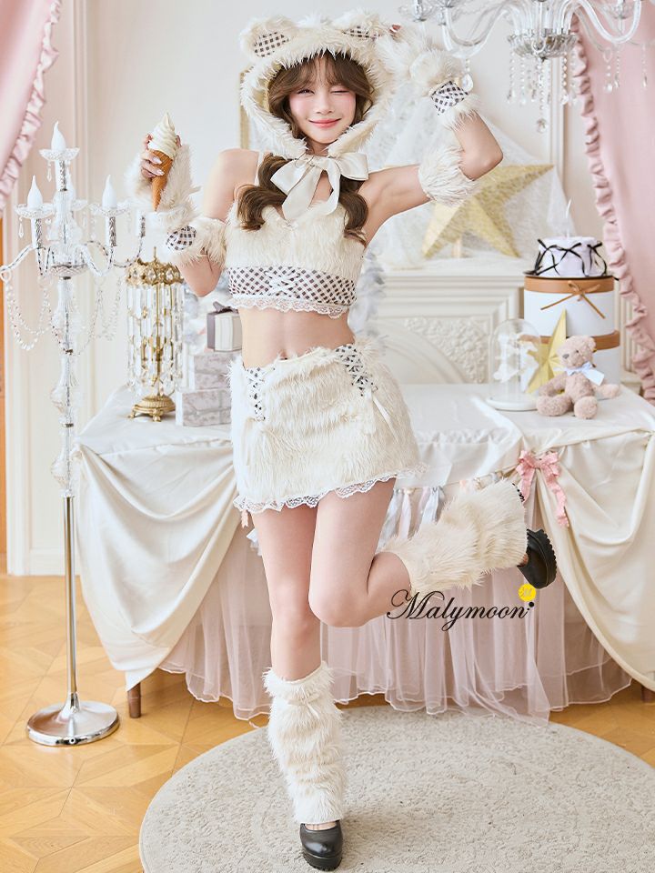 【9点セット】Malymoon マリームーン テディベアギンガムファーセットアップ  [ブラウン/アイボリー] ml10273