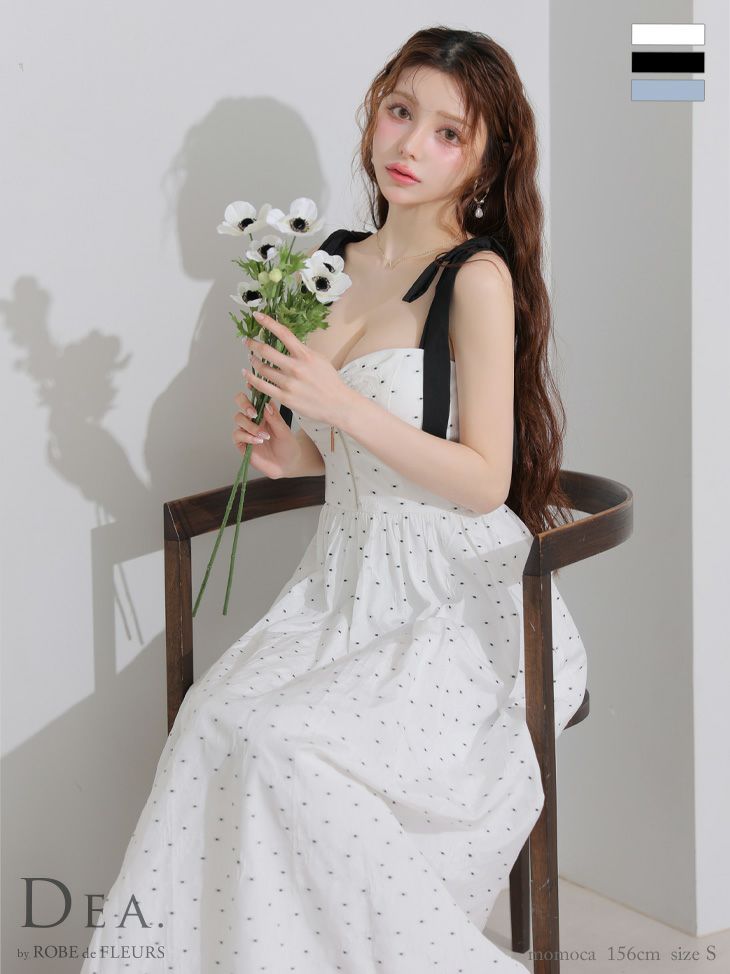 DEA. ディア バイ ローブドフルール ショルダーリボンドットフレアロングキャバドレス de4200