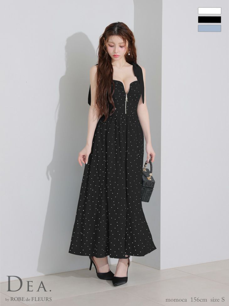 DEA. ディア バイ ローブドフルール ショルダーリボンドットフレアロングキャバドレス de4200