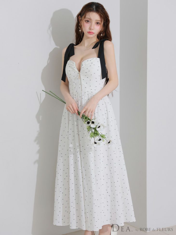 DEA. ディア バイ ローブドフルール ショルダーリボンドットフレアロングキャバドレス de4200