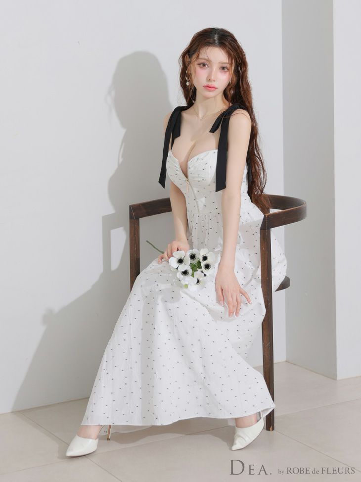 DEA. ディア バイ ローブドフルール ショルダーリボンドットフレアロングキャバドレス de4200
