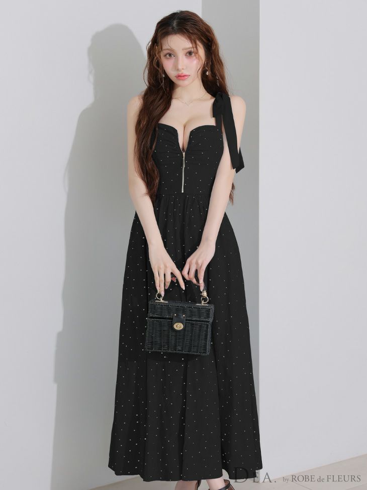 DEA. ディア バイ ローブドフルール ショルダーリボンドットフレアロングキャバドレス de4200