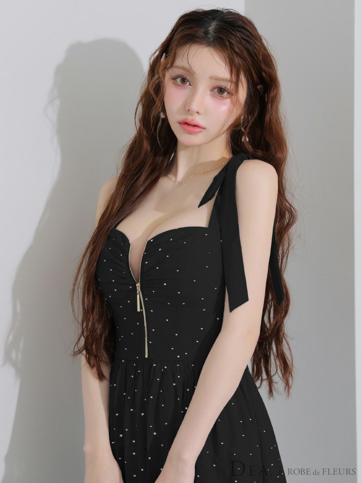 DEA. ディア バイ ローブドフルール ショルダーリボンドットフレアロングキャバドレス de4200