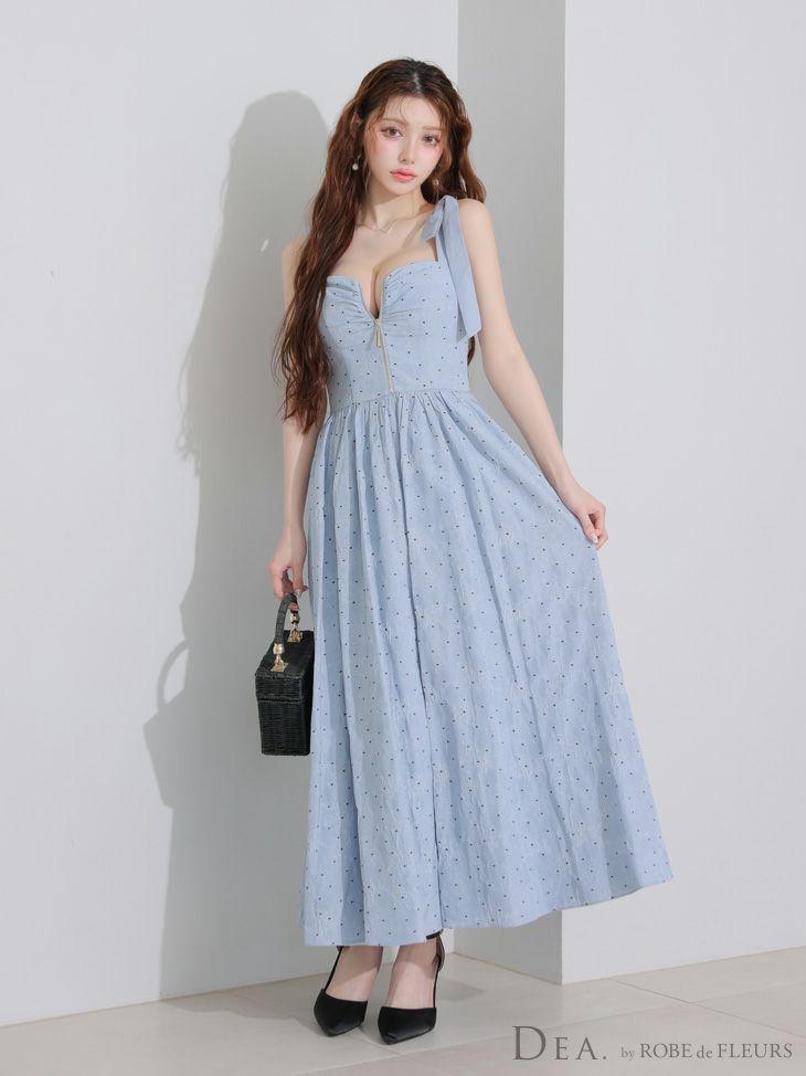 DEA. ディア バイ ローブドフルール ショルダーリボンドットフレアロングキャバドレス de4200