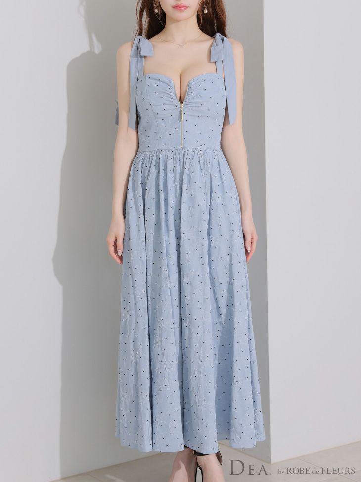 DEA. ディア バイ ローブドフルール ショルダーリボンドットフレアロングキャバドレス de4200