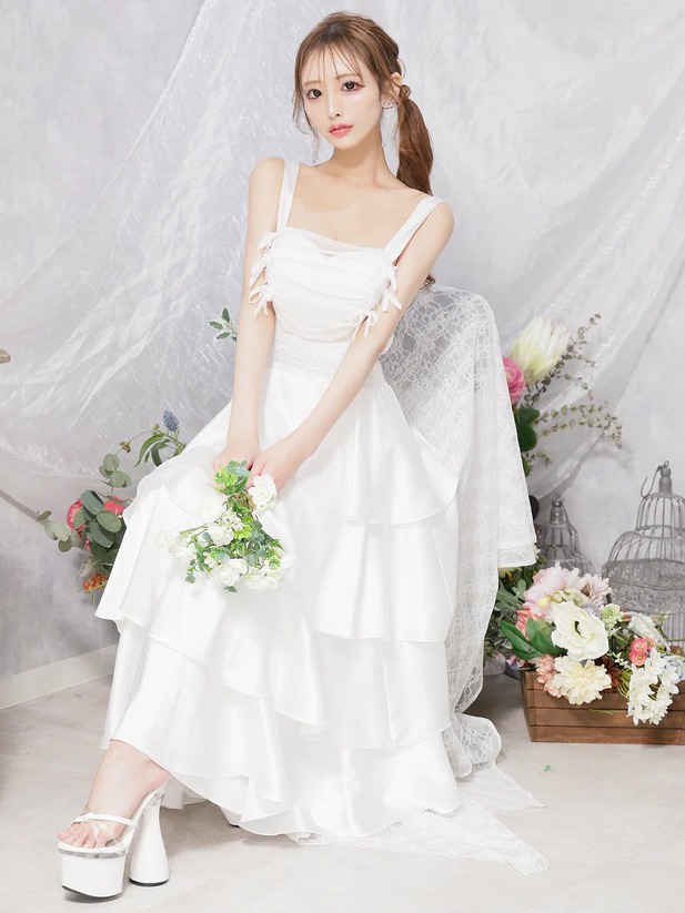 AngelR エンジェルアール バストリボンウエストシャーリングフリルシアーフレア マキシ ロング ミディアムドレス ワンピース ar25841-ks