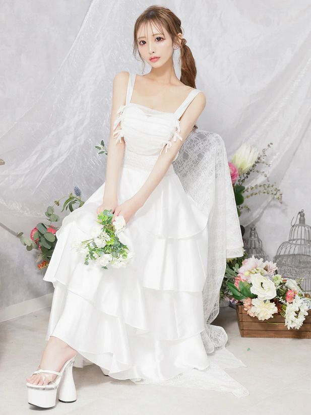 AngelR エンジェルアール バストリボンウエストシャーリングフリルシアーフレア マキシ ロング ミディアムドレス ワンピース ar25841-ks