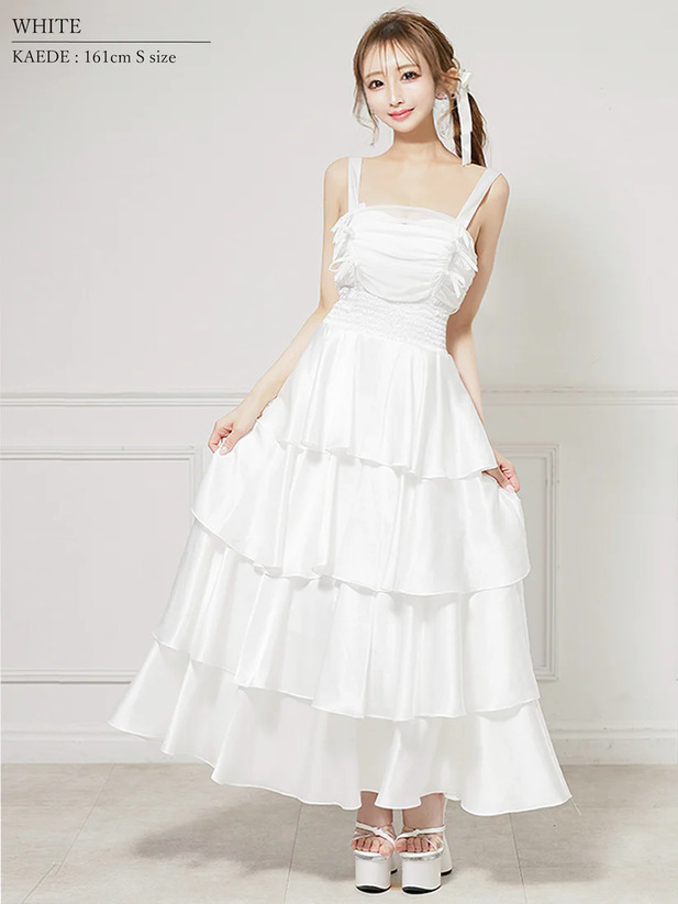 AngelR エンジェルアール バストリボンウエストシャーリングフリルシアーフレア マキシ ロング ミディアムドレス ワンピース ar25841-ks