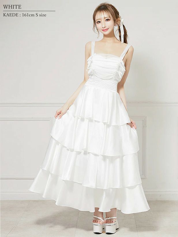 AngelR エンジェルアール バストリボンウエストシャーリングフリルシアーフレア マキシ ロング ミディアムドレス ワンピース ar25841-ks