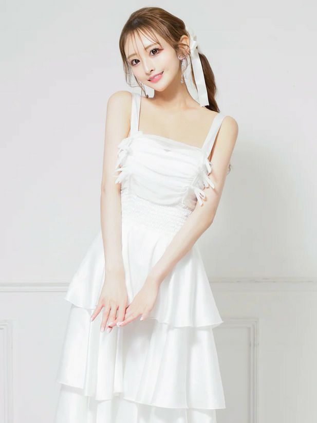 AngelR エンジェルアール バストリボンウエストシャーリングフリルシアーフレア マキシ ロング ミディアムドレス ワンピース ar25841-ks