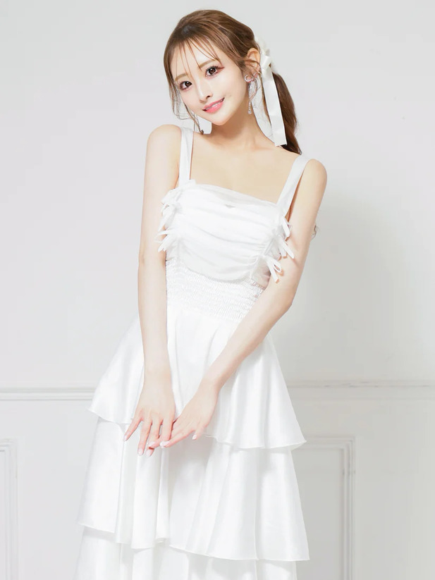 AngelR エンジェルアール バストリボンウエストシャーリングフリルシアーフレア マキシ ロング ミディアムドレス ワンピース ar25841-ks