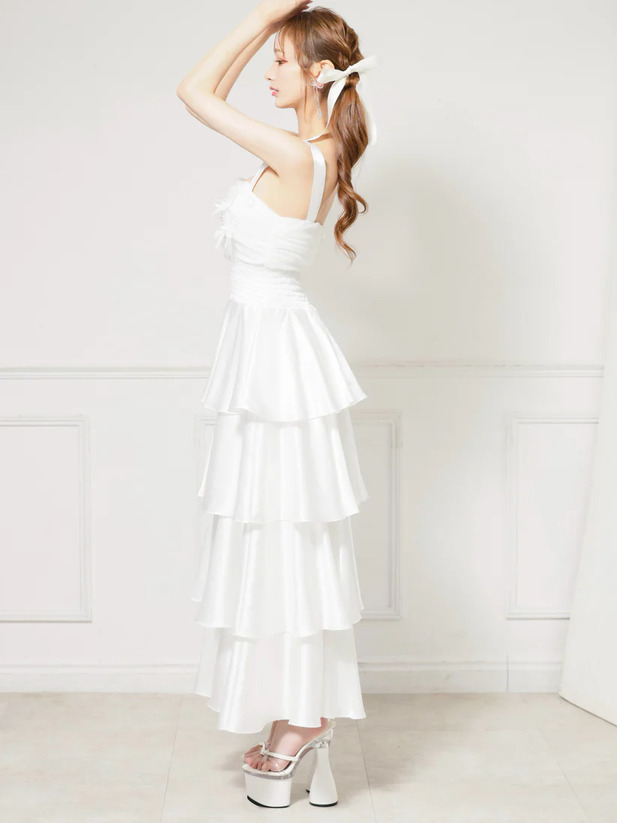 AngelR エンジェルアール バストリボンウエストシャーリングフリルシアーフレア マキシ ロング ミディアムドレス ワンピース ar25841-ks