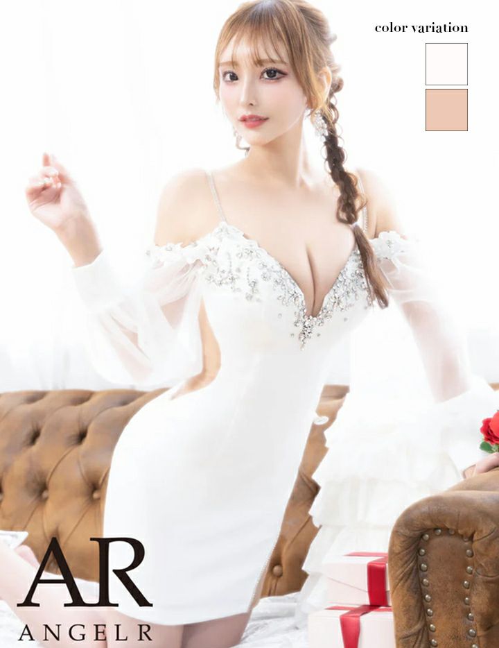 AngelR エンジェルアール シフォンロングスリーブフラワーレースビジュータイトミニドレス ar24838