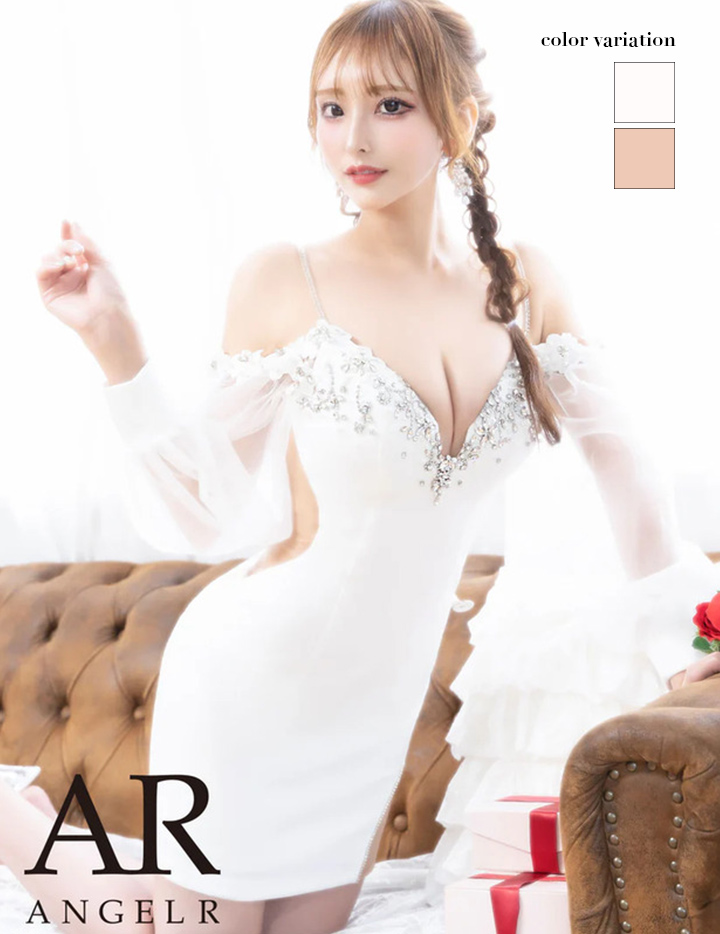 AngelR エンジェルアール シフォンロングスリーブフラワーレースビジュータイトミニドレス ar24838