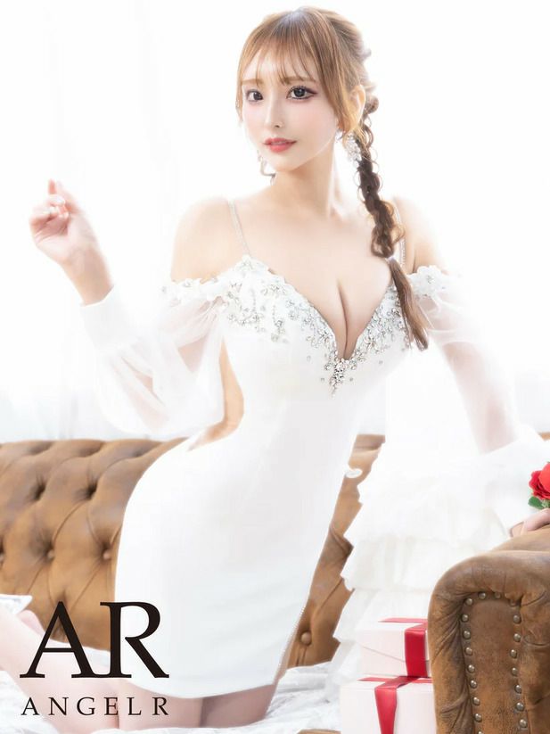 AngelR エンジェルアール シフォンロングスリーブフラワーレースビジュータイトミニドレス ar24838