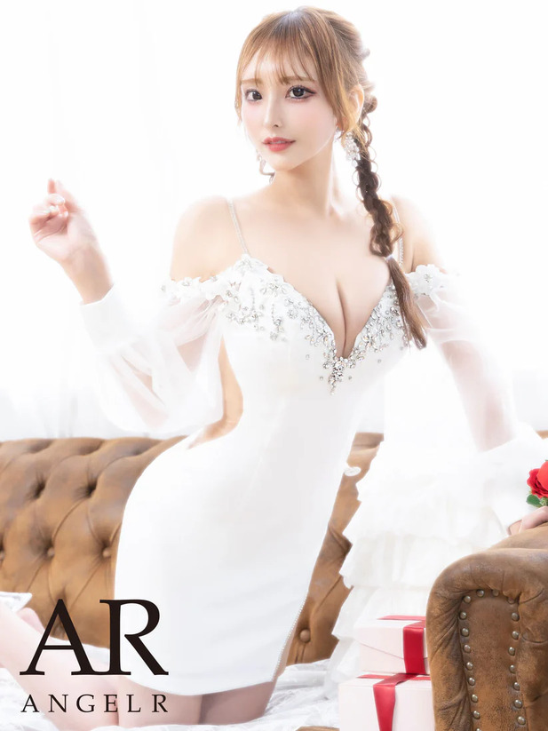 AngelR エンジェルアール シフォンロングスリーブフラワーレースビジュータイトミニドレス ar24838