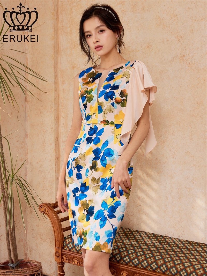 ERUKEI エルケイ プリント・花柄・タイト・肩フリル・ノースリーブ・ミニドレス・ワンピース ek-e32009