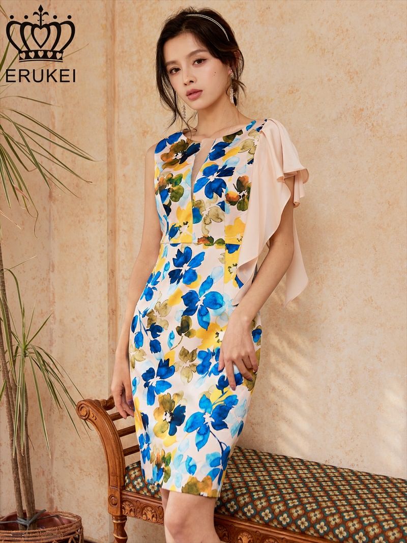 ERUKEI エルケイ プリント・花柄・タイト・肩フリル・ノースリーブ・ミニドレス・ワンピース ek-e32009