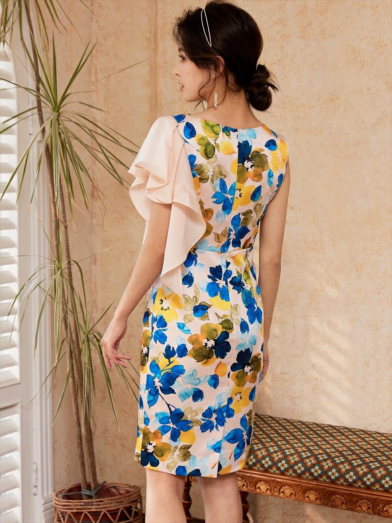 ERUKEI エルケイ プリント・花柄・タイト・肩フリル・ノースリーブ・ミニドレス・ワンピース ek-e32009