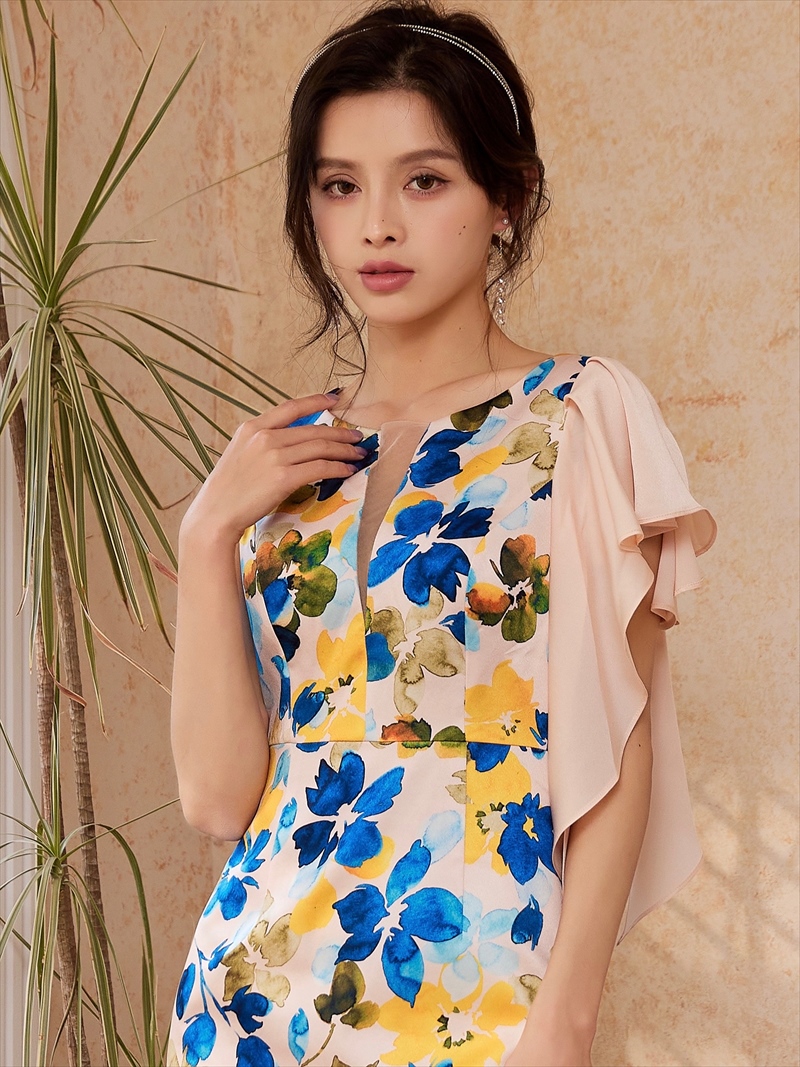 ERUKEI エルケイ プリント・花柄・タイト・肩フリル・ノースリーブ・ミニドレス・ワンピース ek-e32009