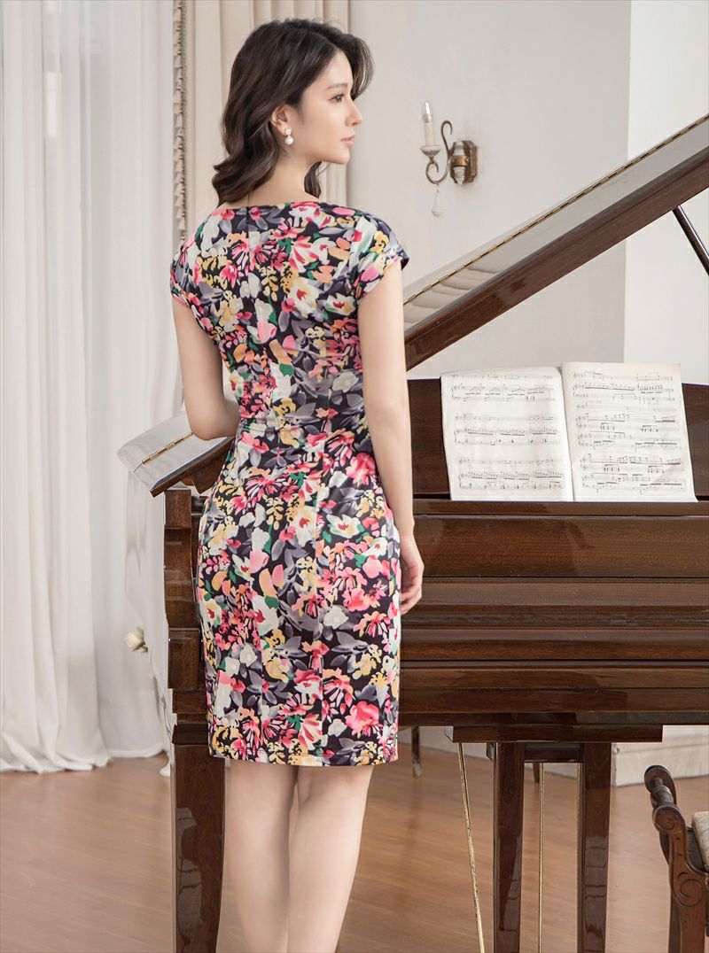 ERUKEI エルケイ プリント・フラワー・タイト・ 半袖・Vネック・ストレッチ・ミディアムドレス・ワンピース ek-c23100