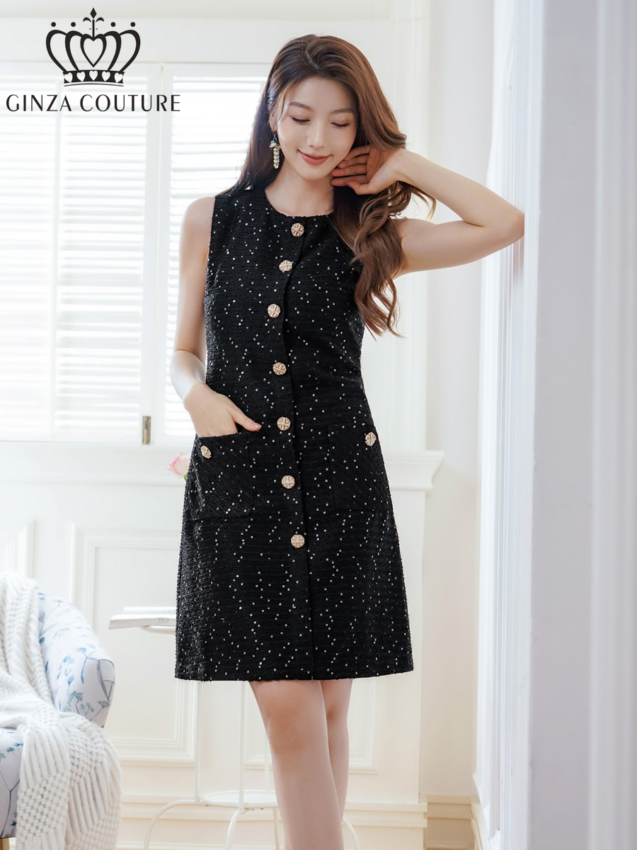 ERUKEI エルケイ ノースリーブ・ツイード・スパンコール・ポケット・Aライン・ミニドレス・ワンピース ek-c25082