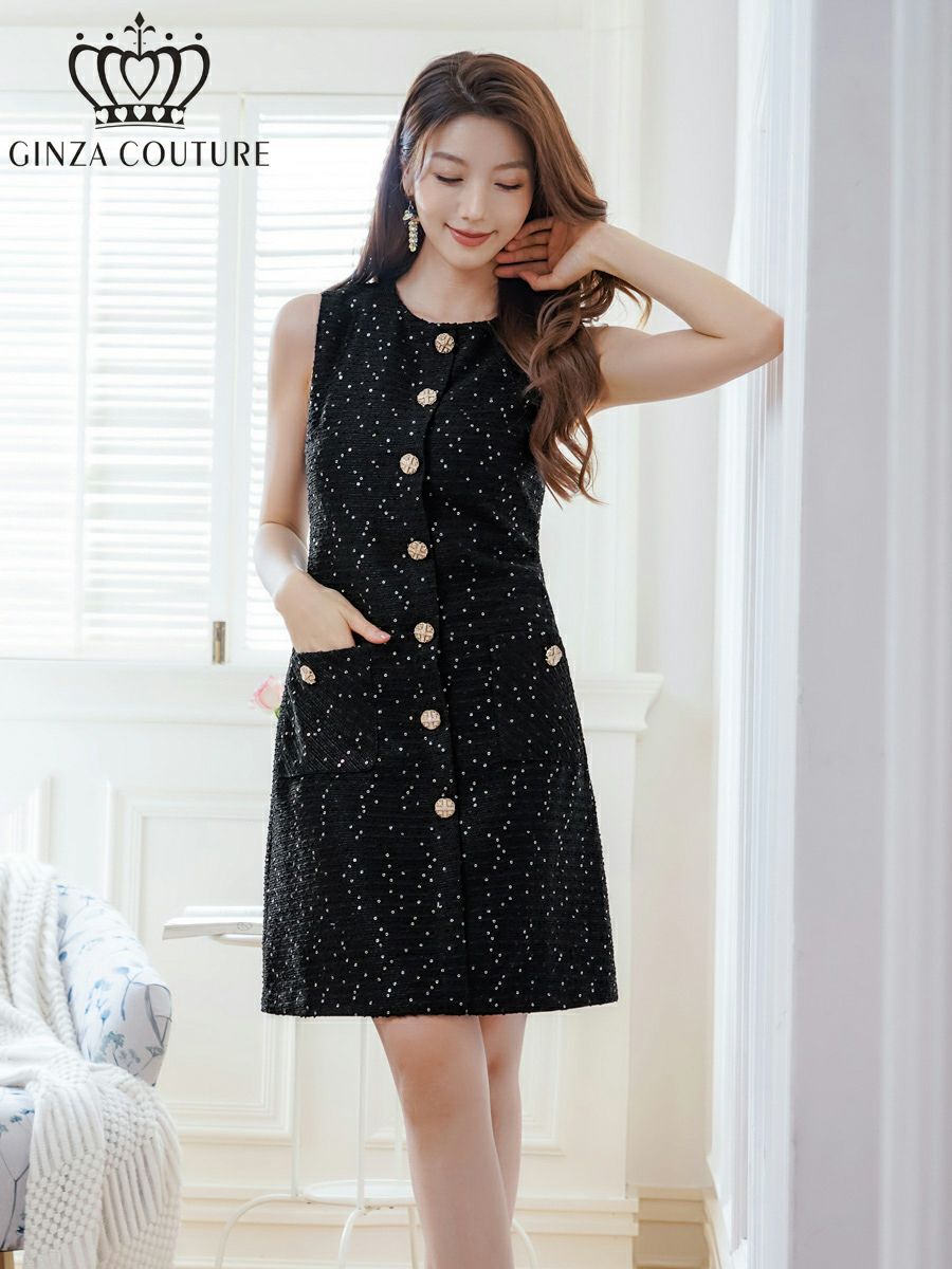 ERUKEI エルケイ ノースリーブ・ツイード・スパンコール・ポケット・Aライン・ミニドレス・ワンピース ek-c25082