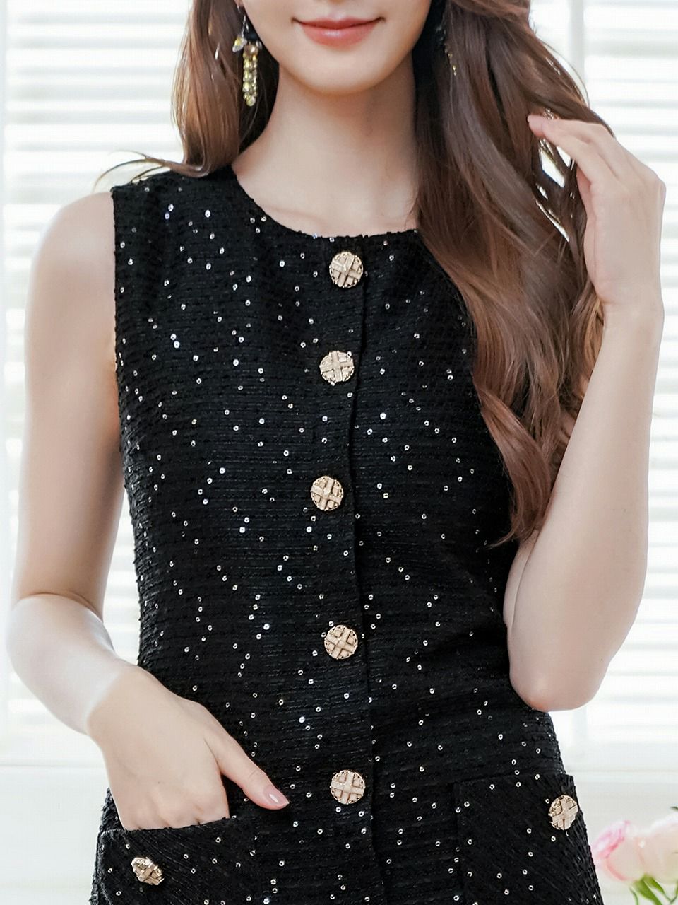 ERUKEI エルケイ ノースリーブ・ツイード・スパンコール・ポケット・Aライン・ミニドレス・ワンピース ek-c25082