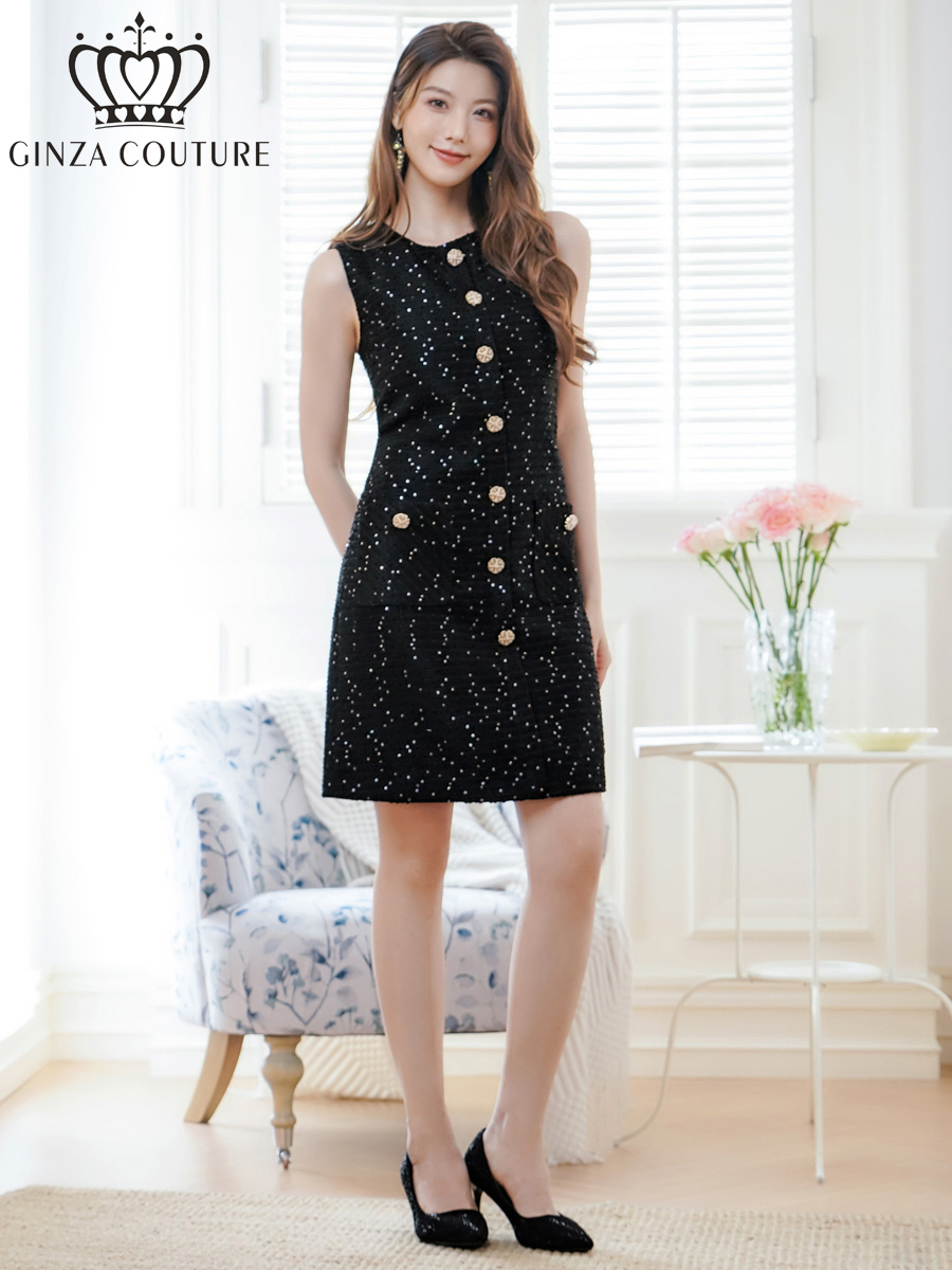 ERUKEI エルケイ ノースリーブ・ツイード・スパンコール・ポケット・Aライン・ミニドレス・ワンピース ek-c25082