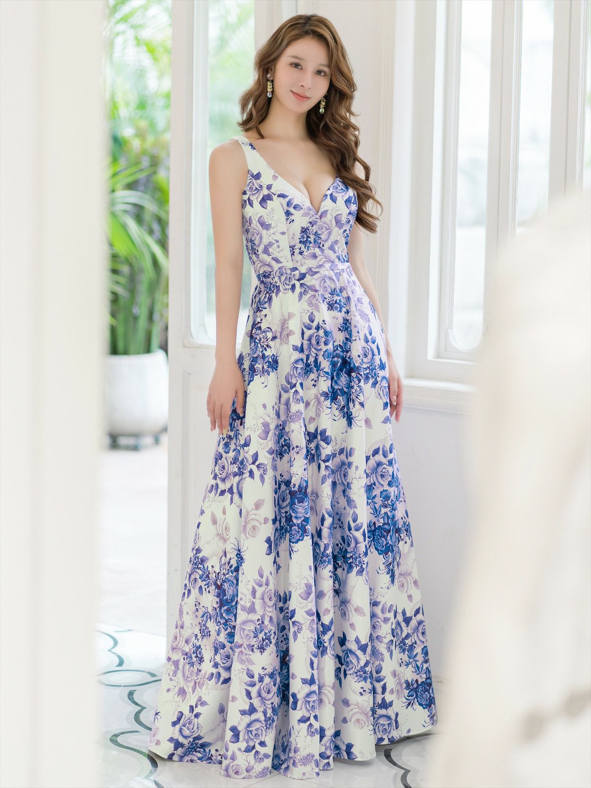 ERUKEI エルケイ フラワープリント・Vネック・ノースリーブ・Aライン・ロングドレス ek-s36502