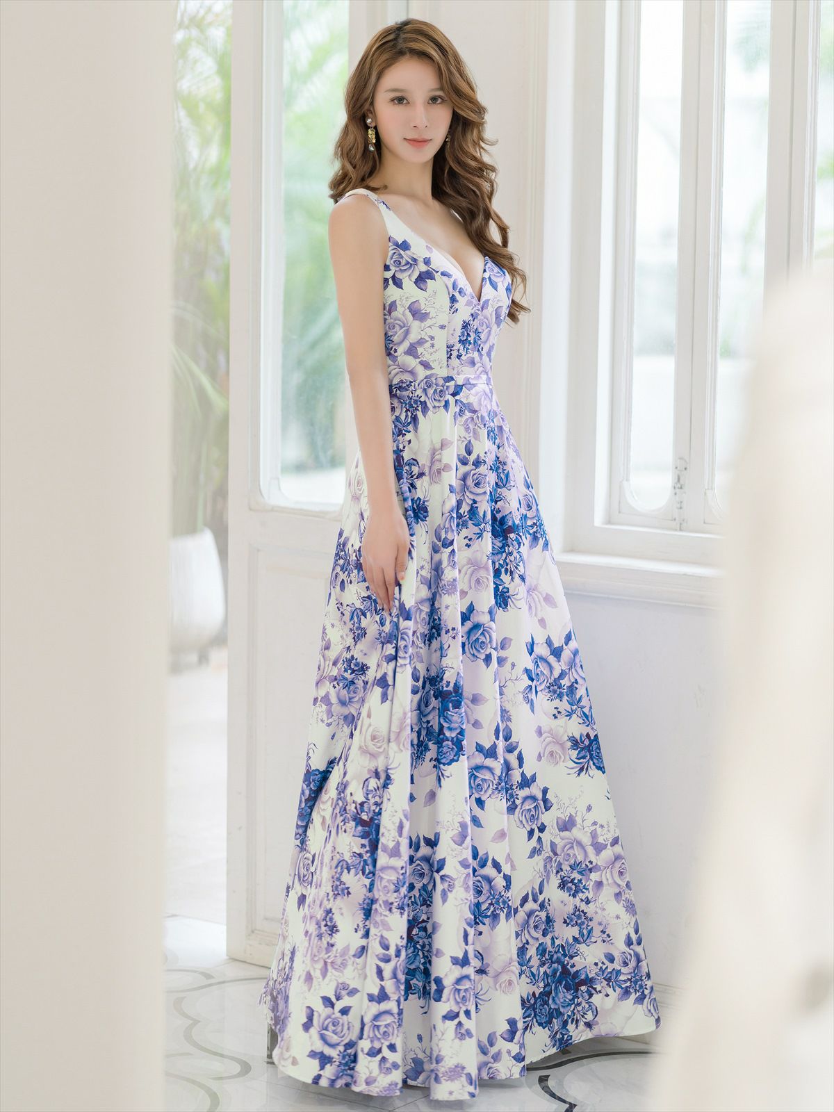 ERUKEI エルケイ フラワープリント・Vネック・ノースリーブ・Aライン・ロングドレス ek-s36502