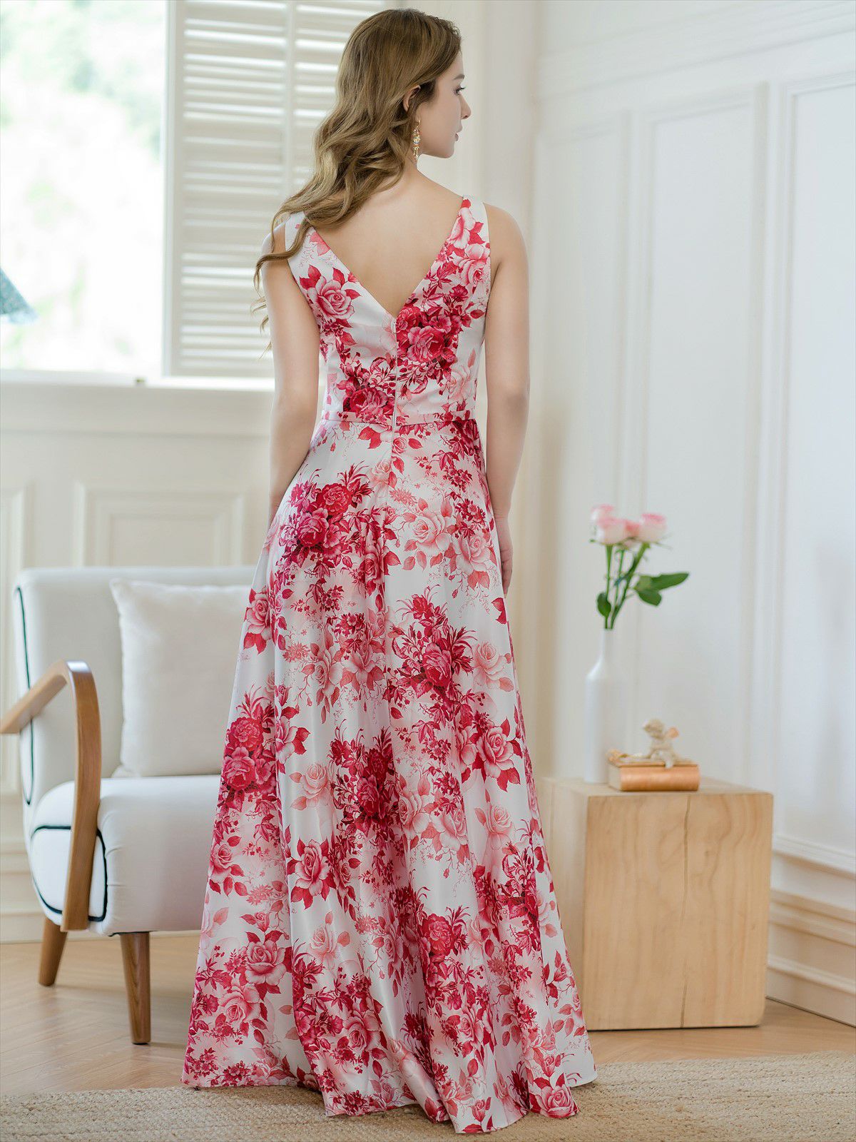 ERUKEI エルケイ フラワープリント・Vネック・ノースリーブ・Aライン・ロングドレス ek-s36502