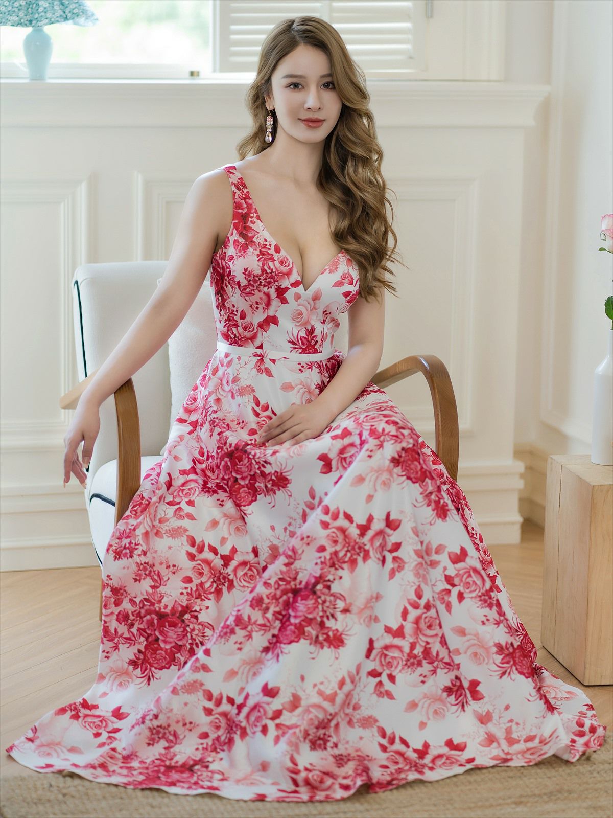 ERUKEI エルケイ フラワープリント・Vネック・ノースリーブ・Aライン・ロングドレス ek-s36502