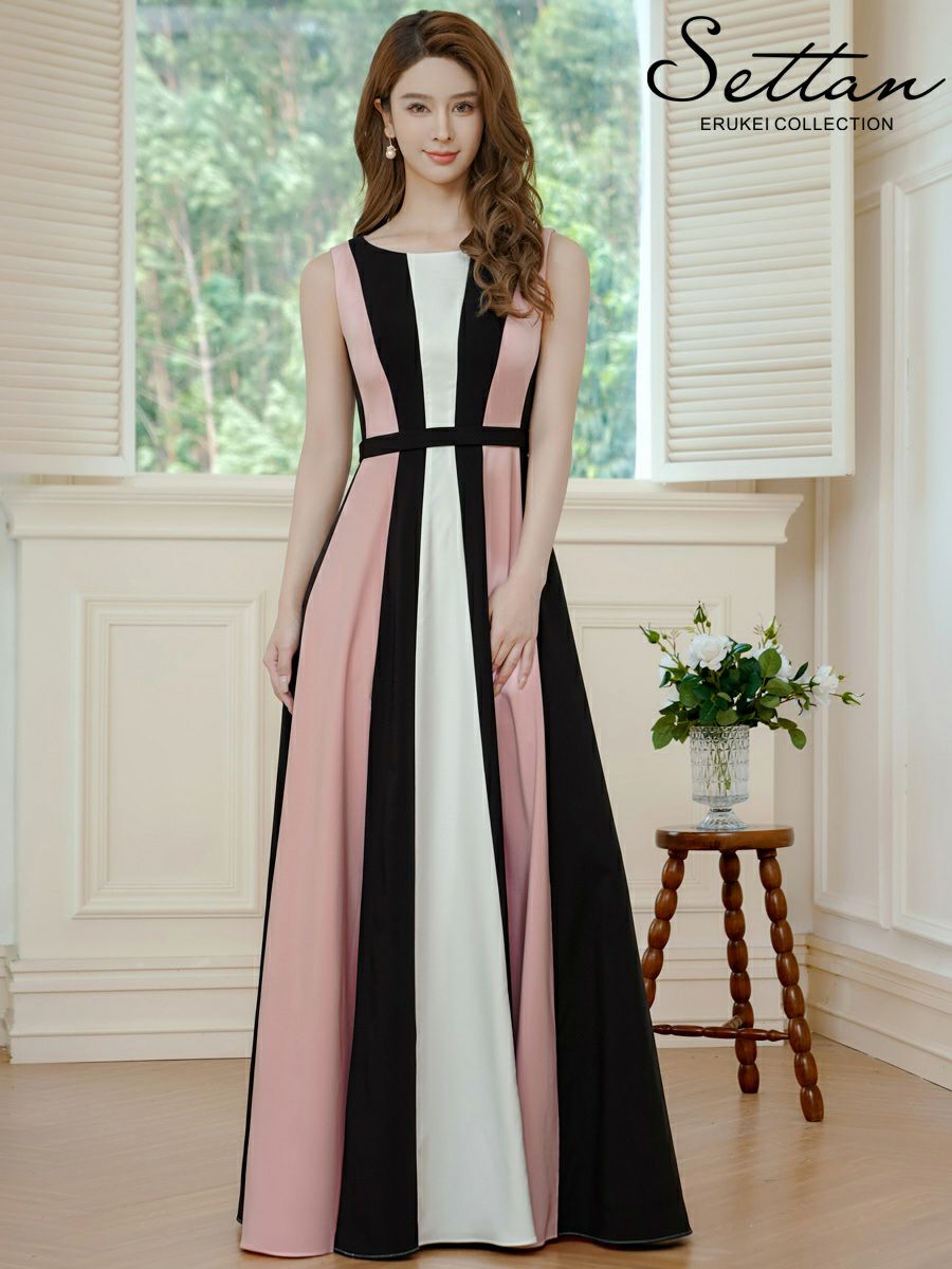 ERUKEI エルケイ トリコロールカラー・ハイウエスト・スリット・Aライン・ロングドレス ek-s37107