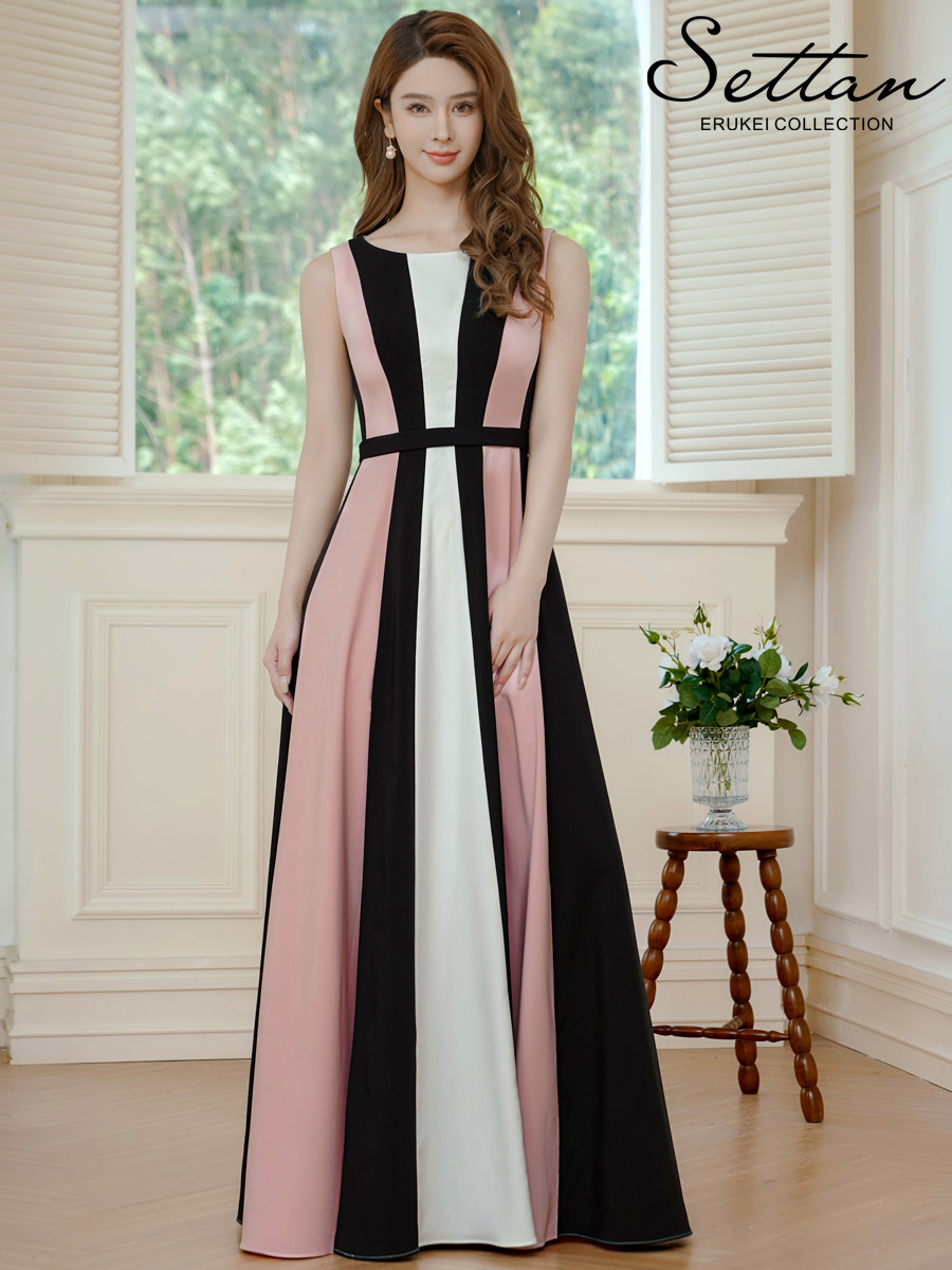 ERUKEI エルケイ トリコロールカラー・ハイウエスト・スリット・Aライン・ロングドレス ek-s37107