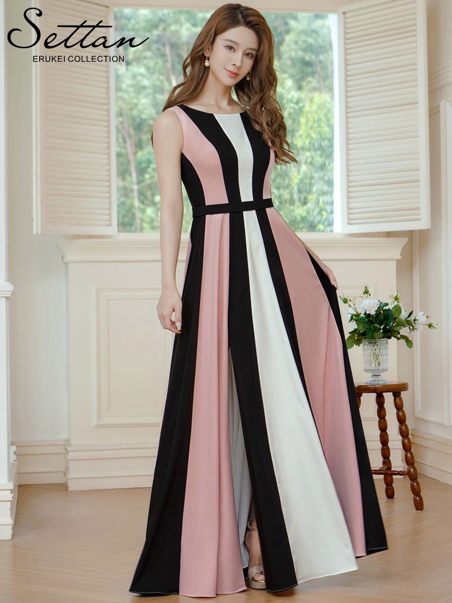 ERUKEI エルケイ トリコロールカラー・ハイウエスト・スリット・Aライン・ロングドレス ek-s37107