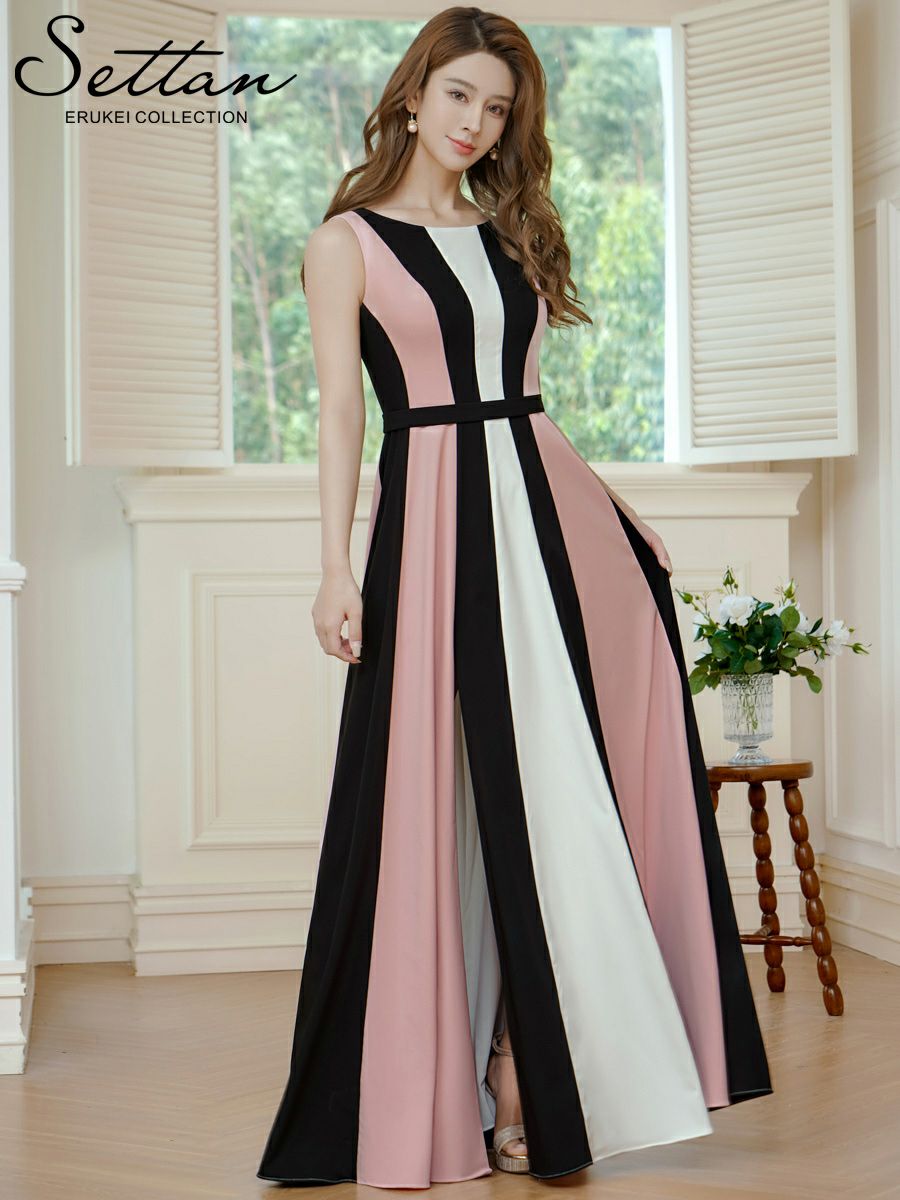 ERUKEI エルケイ トリコロールカラー・ハイウエスト・スリット・Aライン・ロングドレス ek-s37107