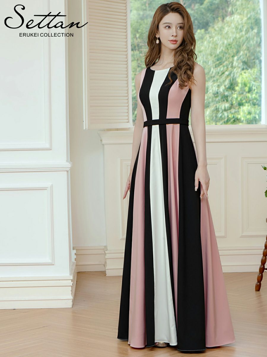 ERUKEI エルケイ トリコロールカラー・ハイウエスト・スリット・Aライン・ロングドレス ek-s37107