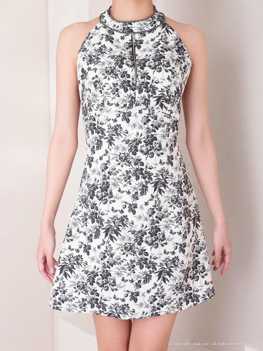 Andy アンディ ホルターネック ボタニカルフラワー 花柄 フロントジップ フレア ミニドレス ワンピース an-on2943