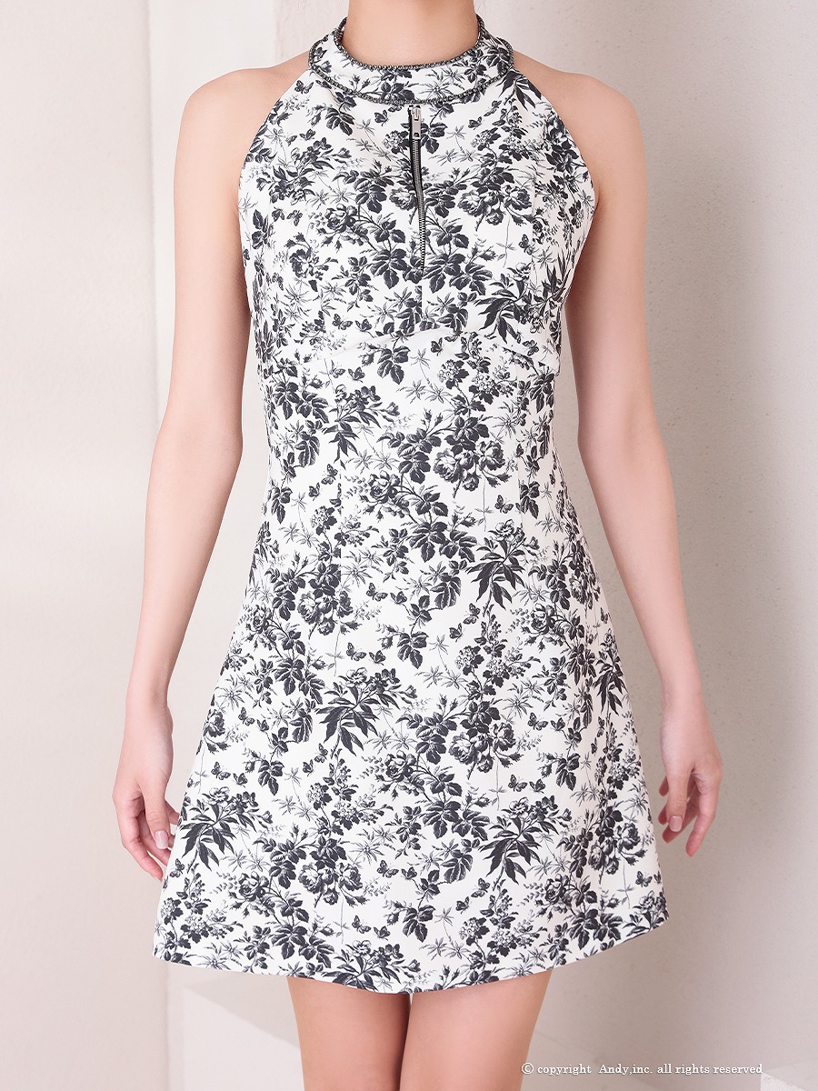 Andy アンディ ホルターネック ボタニカルフラワー 花柄 フロントジップ フレア ミニドレス ワンピース an-on2943
