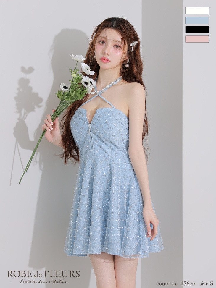 ROBE de FLEURS ローブドフルール ビジューホルターラメニットフレアミニキャバドレス fm4313-c