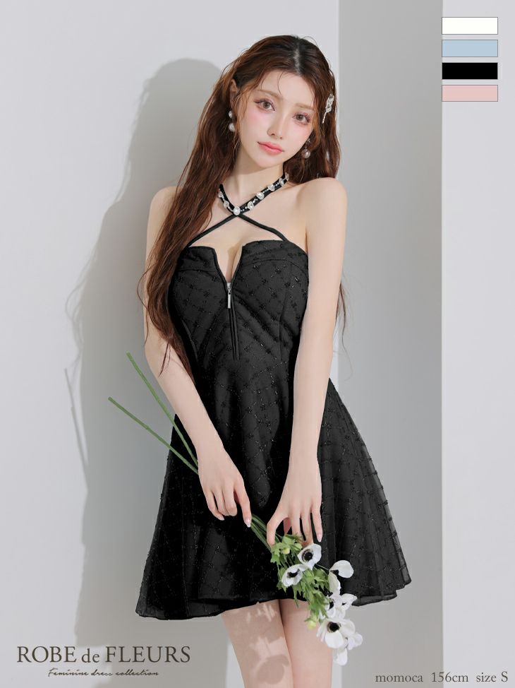ROBE de FLEURS ローブドフルール ビジューホルターラメニットフレアミニキャバドレス fm4313-c